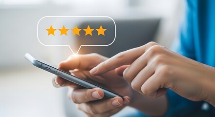 Person using smartphone to give a fivestar rating and review, highlighting customer satisfaction and feedback