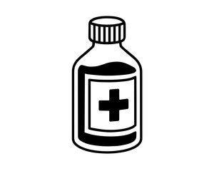 Obraz premium Minimalist Medicine Bottle Icon – Black and White Pharmaceutical Line Drawing with Medical Cross