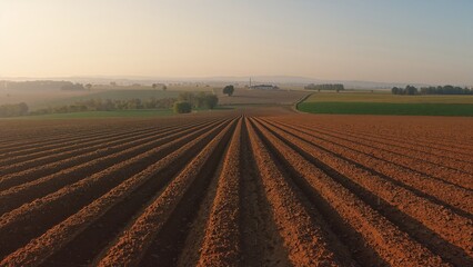 Wide-angle shot of plowed earth ready for spring sowing with visible furrow patterns