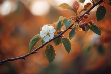 Blossoms and verdant foliage on a blooming tree limb, profile perspective, soft blurred backdrop, flora, warm season, natural environment, tree, foliage, pale, botanical, attractiveness, produce