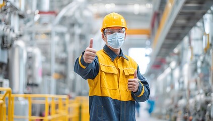 Factory Worker Giving Thumbs Up Wearing Mask and Safety Gear.