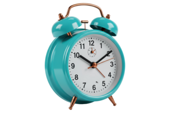 Isolated cyan twin bell alarm clock indicating time two minutes past two in the afternoon