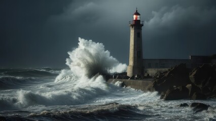 Stormy seas, lighthouse standing tall