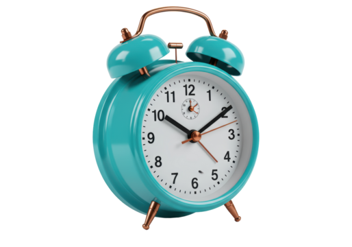 Isolated cyan twin bell alarm clock indicating time two minutes past two in the afternoon