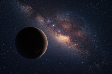 Celestial body revolving near dawn under a sparkling cosmos, created with AI generation tools