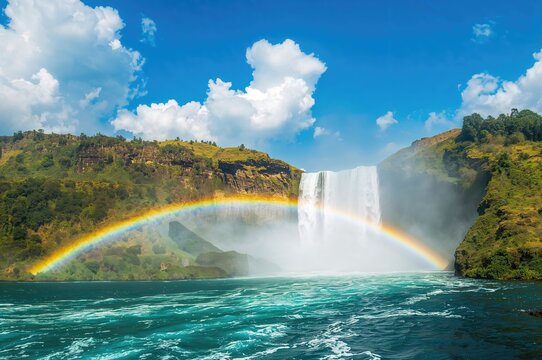 Spectacular landscape featuring a waterfall and a rainbow