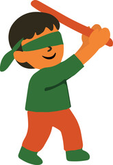 boy blindfolded with a green cloth, smiling while holding a red stick above his head as if preparing to hit a piñata.