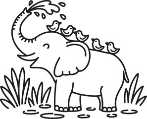 Cute Elephant with Birds Playing in Water Line Art Drawing