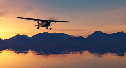 Small Airplane Flying Over Mountains Against a Vibrant Sunset in a 3D Rendering