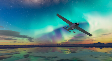 Naklejka premium Airplane Flying Over Stunning Aurora Borealis and Reflective Waters at Night