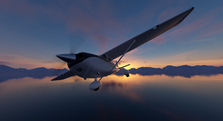 Small Aircraft Flying Over Water During a Beautiful Colorful Sunset