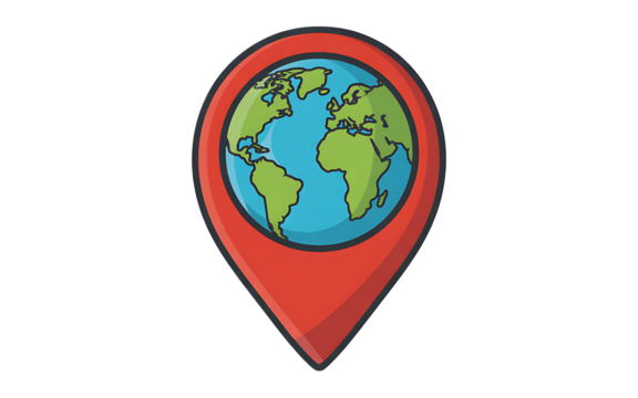 Red location pin with planet Earth inside globe Transparent background
