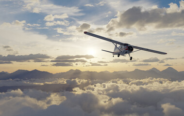 Small Aircraft Flying Over Cloudscape During Sunset in Stunning 3D Rendering