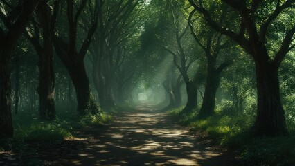Obraz premium Sunlit path through dense forest
