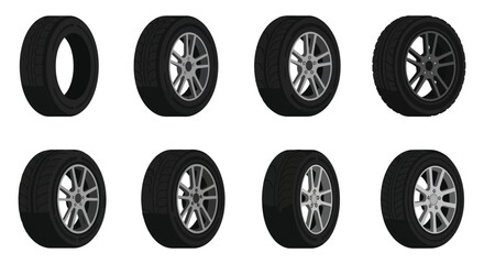 Four car tires displayed in a grid arrangement showcasing tread patterns