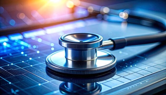 Digital Health: A stethoscope rests on a tablet displaying futuristic digital circuit, signifying the fusion of healthcare and technology.