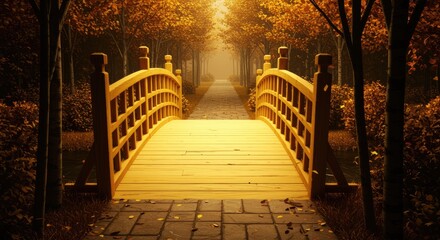 Fototapeta premium Wooden Bridge in Autumnal Park Pathway fall trees leaves nature landscape scenery tranquil serene peaceful calm golden yellow orange