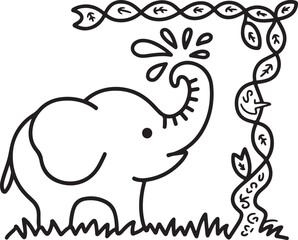 Cute Elephant Splashing Water with Plant Line Art Drawing