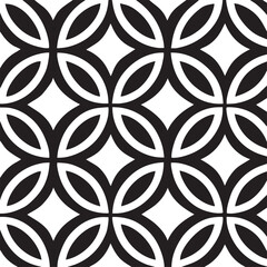 Seamless geometric pattern of interlocking circles and squares in bold black and white for a modern and classic design background