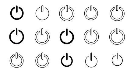 Collection of power buttons in varying states and styles displayed neatly