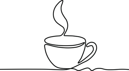 Coffee cup continuous line sketch tea icon cafe sketch drink single art outline mug logo food. Doodle cup line abstract background, Continuous one line drawing of a cup of coffee with steam Modern