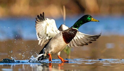 Mallard taking flight, splashing water