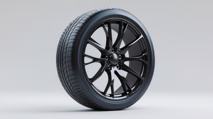  Realistic 3D black car wheel tire with alloy rim isolated on plain white background, detailed automotive rendering