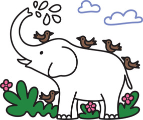 Cute Elephant with Birds and Flowers Colorful Line Drawing
