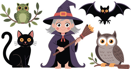 Cute little witch with broom, black cat, owl, bat and frog, Halloween cartoon character illustration, spooky kids holiday designCute little witch with broom, black 