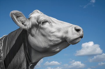 Fototapeta premium Close-up of a cow's face featuring identification tags and a collar against a clear blue background