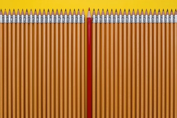 A single red pencil contrasts sharply with a group of matching pencils on a bright yellow surface