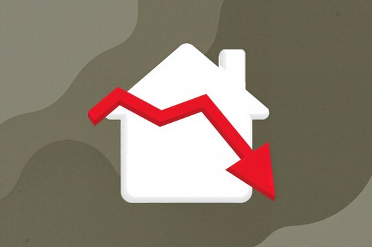 Graphic showing a white house icon with a red arrow pointing downwards, representing a decrease in home values