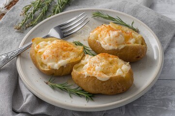 Creamy baked potatoes with cheese and rosemary served with forks