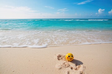 Naklejka premium Child's plastic toy on a sunny tropical shore with clear blue waters, summer vacation vibe