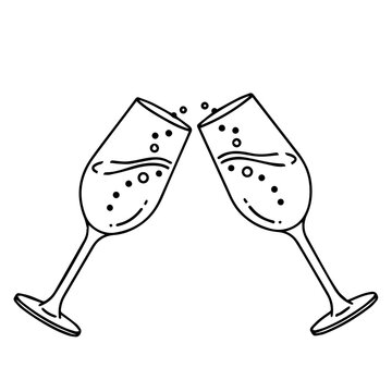 Handdrawn doodle of two toasting champagne flutes with sparkling bubbly liquid.
