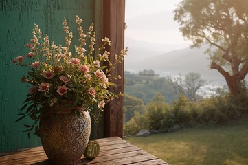 Flower pot placed on a wooden surface against a lush green backdrop, showcasing summer vibes and natural design elements