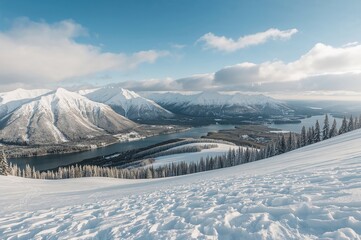 Wide-angle scene of snowy slopes and clear sky in winter nature