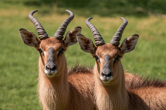 Close-up of a pair of juvenile sitatunga antelopes resting in captivity - Powered by Adobe