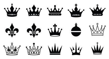 Collection of ornate crowns and royal fleur de lis symbols displayed