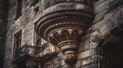 Ornate stone architecture on building exterior with decorative molding and intricate details under warm sunlight highlighting textures and shadows.