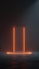 A dark, moody scene featuring an illuminated, glowing orange portal framed by vertical beams, centered on a circular light on a textured floor.