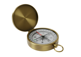 Isolated antique brass pocket compass, a navigational instrument for guidance on trips