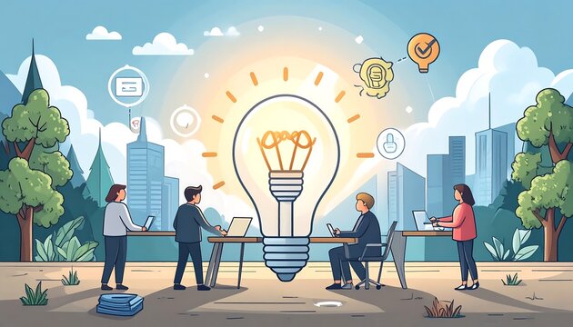 Teamwork brainstorming in a park-like urban setting with a bright lightbulb as a central idea