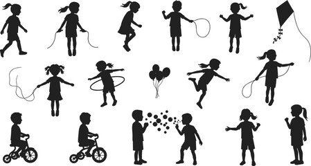Silhouette of Kids Playing Outdoors, Skipping Rope, Riding Bikes, Blowing Bubbles, Flying Kite, Hula Hooping, Childhood Activity, Happy Children