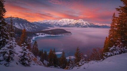 Sunrise panorama over a scenic emerald bay at a mountain lake