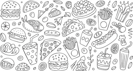 Hand drawn doodle illustration of various fast food items and sweets Keywords: fast food, doodle, drawing, illustration, burger, hamburger, fries