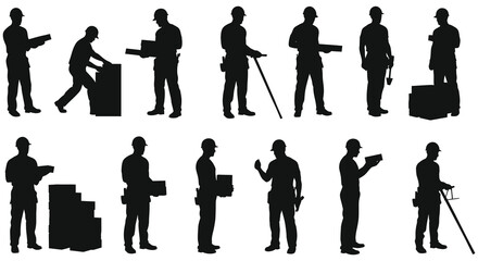Silhouettes of various workers in professional poses holding tools and equipment