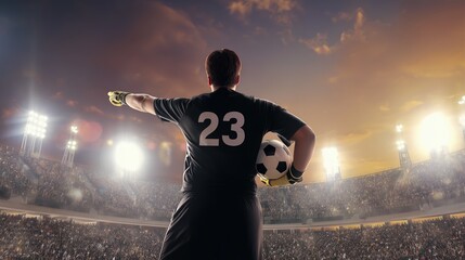 Soccer goalkeeper number 23 in stadium spotlight

