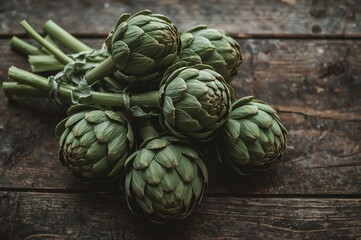 Fototapeta premium A cluster of newly picked artichokes lies on a vintage wooden surface, highlighting the charm of natural harvests.