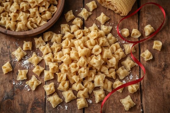 Raw Reginette and butterfly pasta displayed on a wooden surface